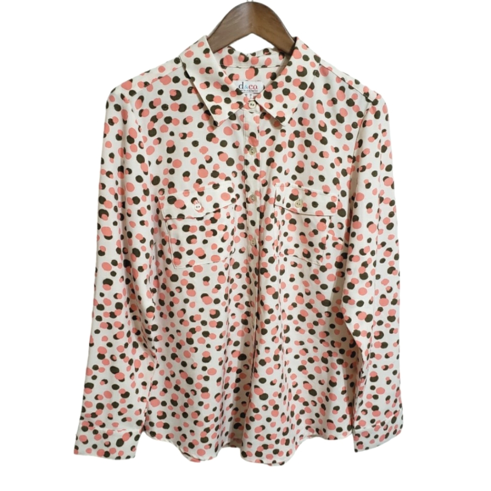 Denim & Co Coral Brown Cream Top Shirt Blouse Button Down Polka-dots Size Medium - Picture 2 of 7